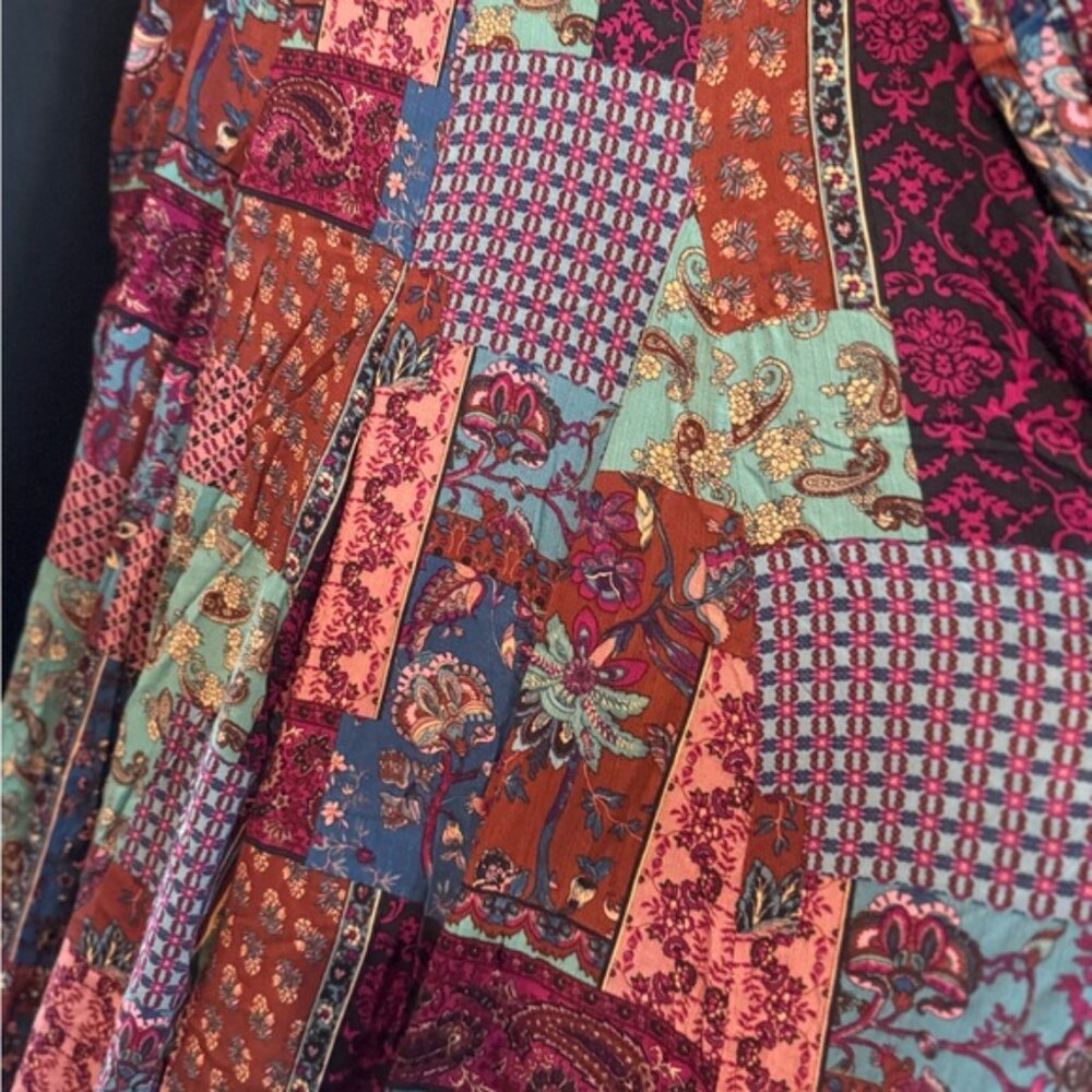 Easel Sage patchwork ruffle hem Pallazo PLUS SIZE Pants in plum & green 1X NWT - Picture 7 of 7